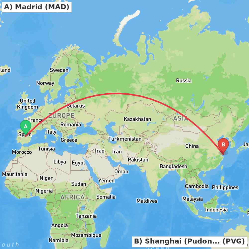 Flight route map from Madrid to Shanghai (Pudong)