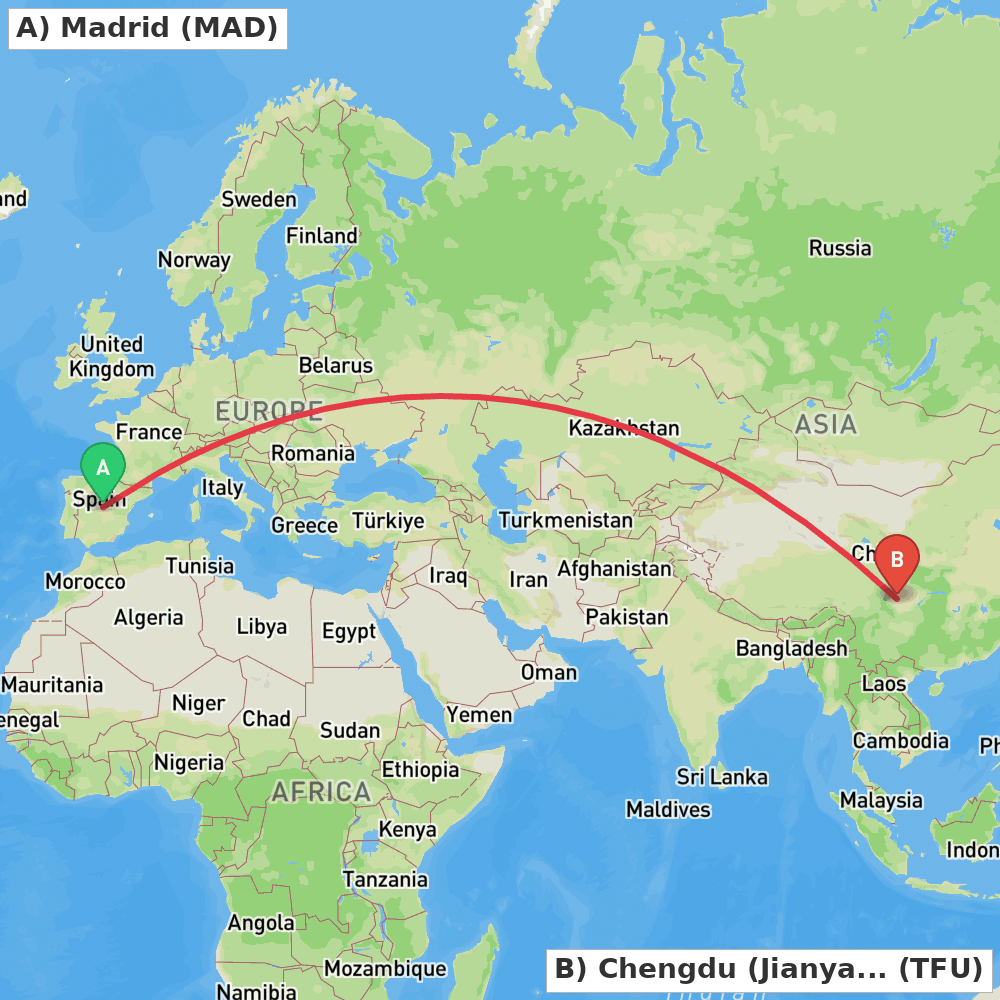 Flight route map from Madrid to Chengdu (Jianyang)
