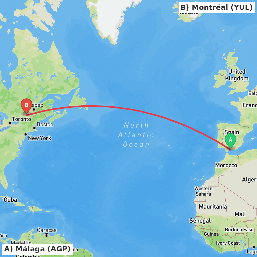 Flight route map from Málaga to Montréal