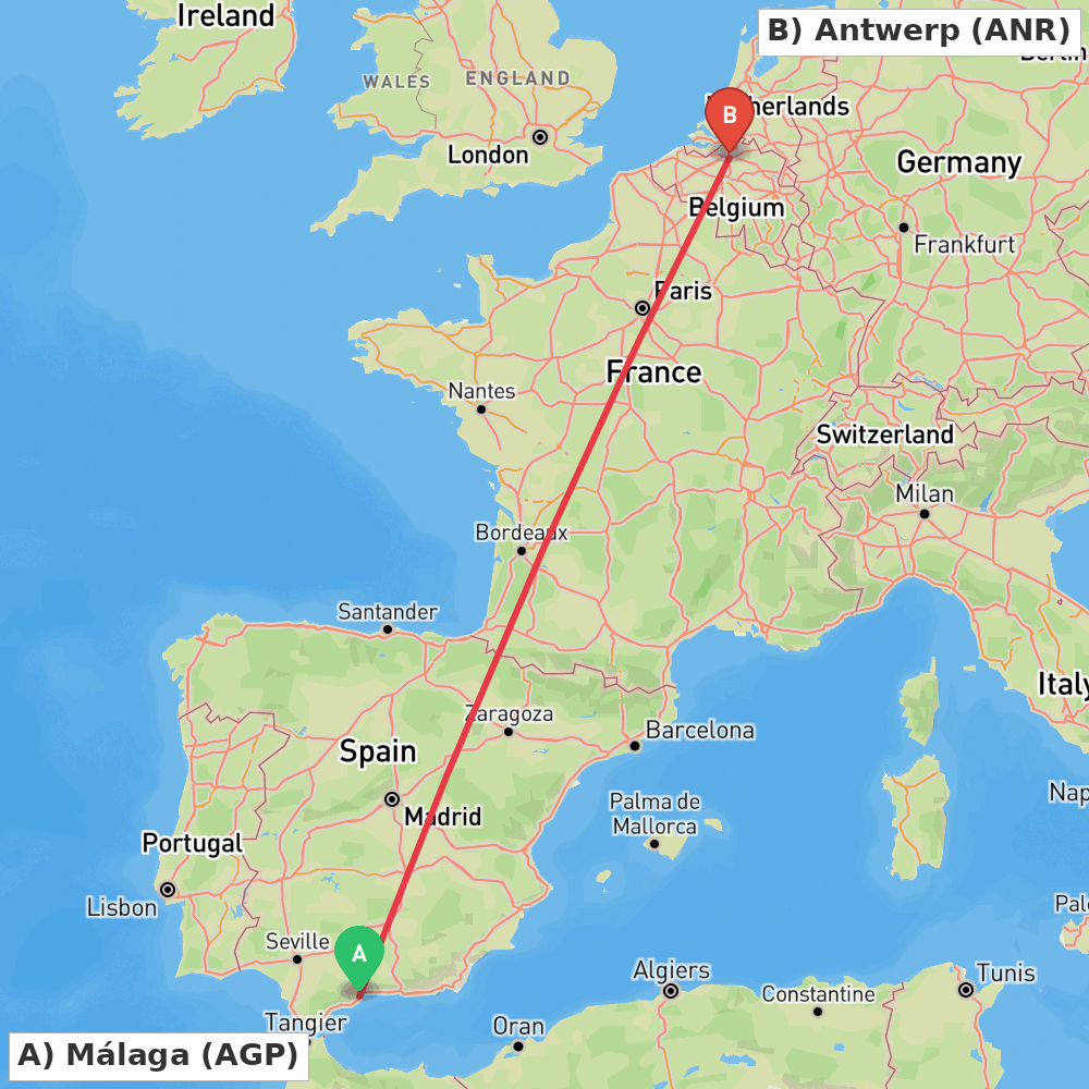 Flight route map from Málaga to Antwerp