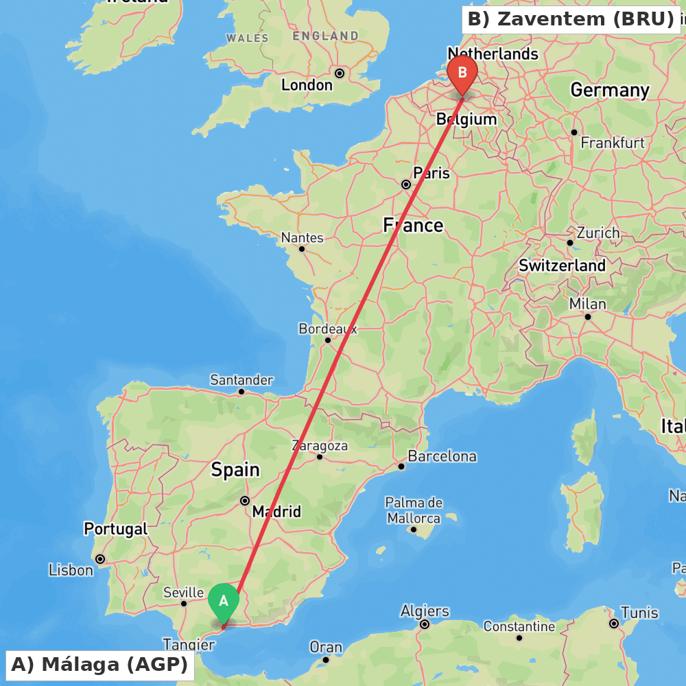 Flight route map from Málaga to Zaventem