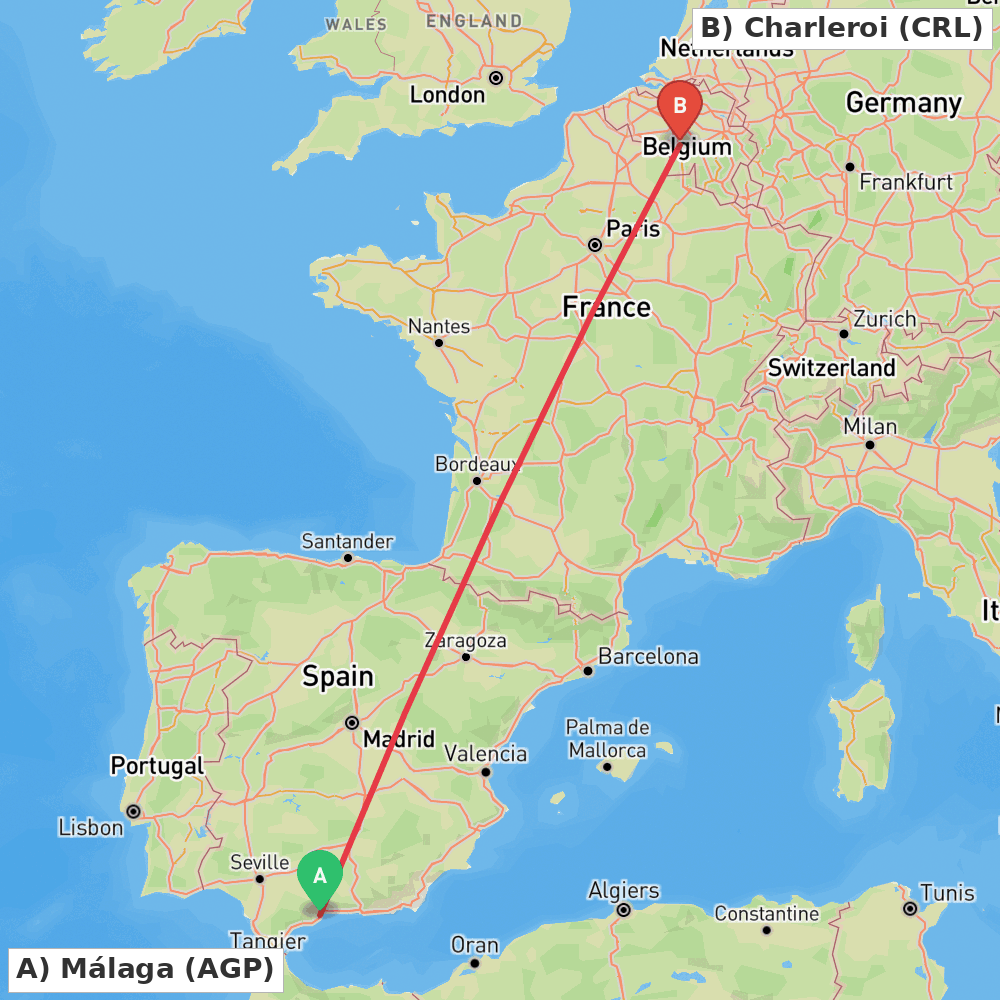 Flight route map from Málaga to Charleroi