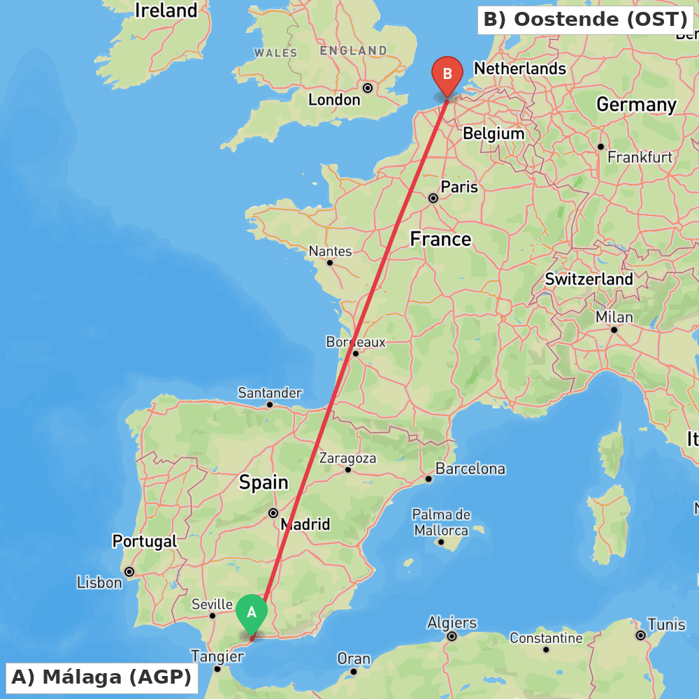 Flight route map from Málaga to Oostende