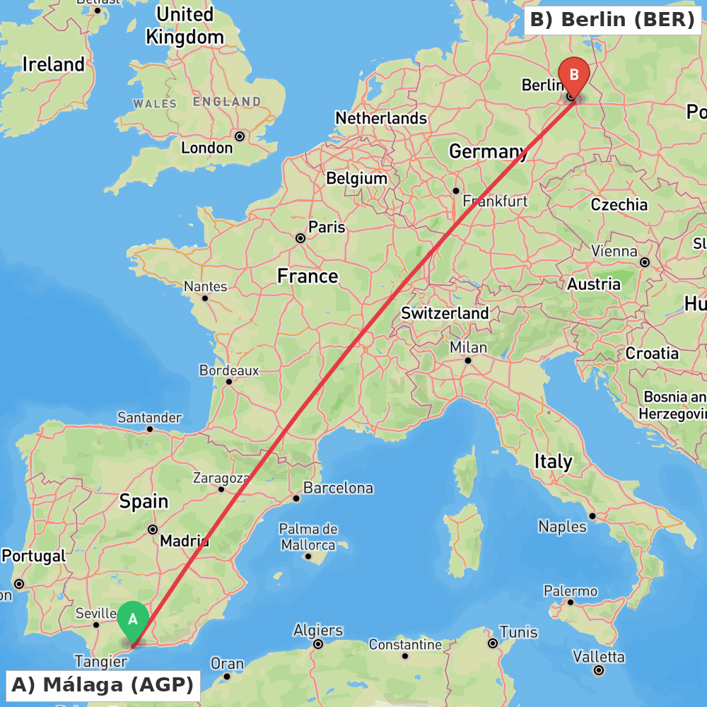 Flight route map from Málaga to Berlin
