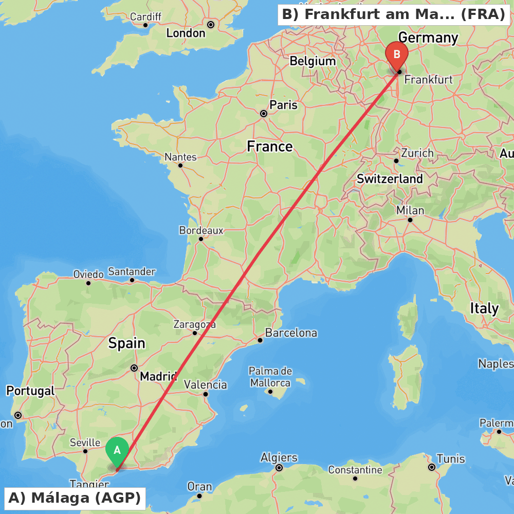 Flight route map from Málaga to Frankfurt am Main