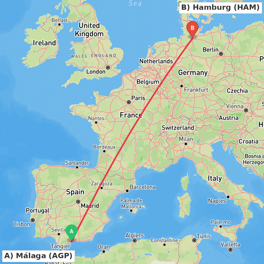 Flight route map from Málaga to Hamburg