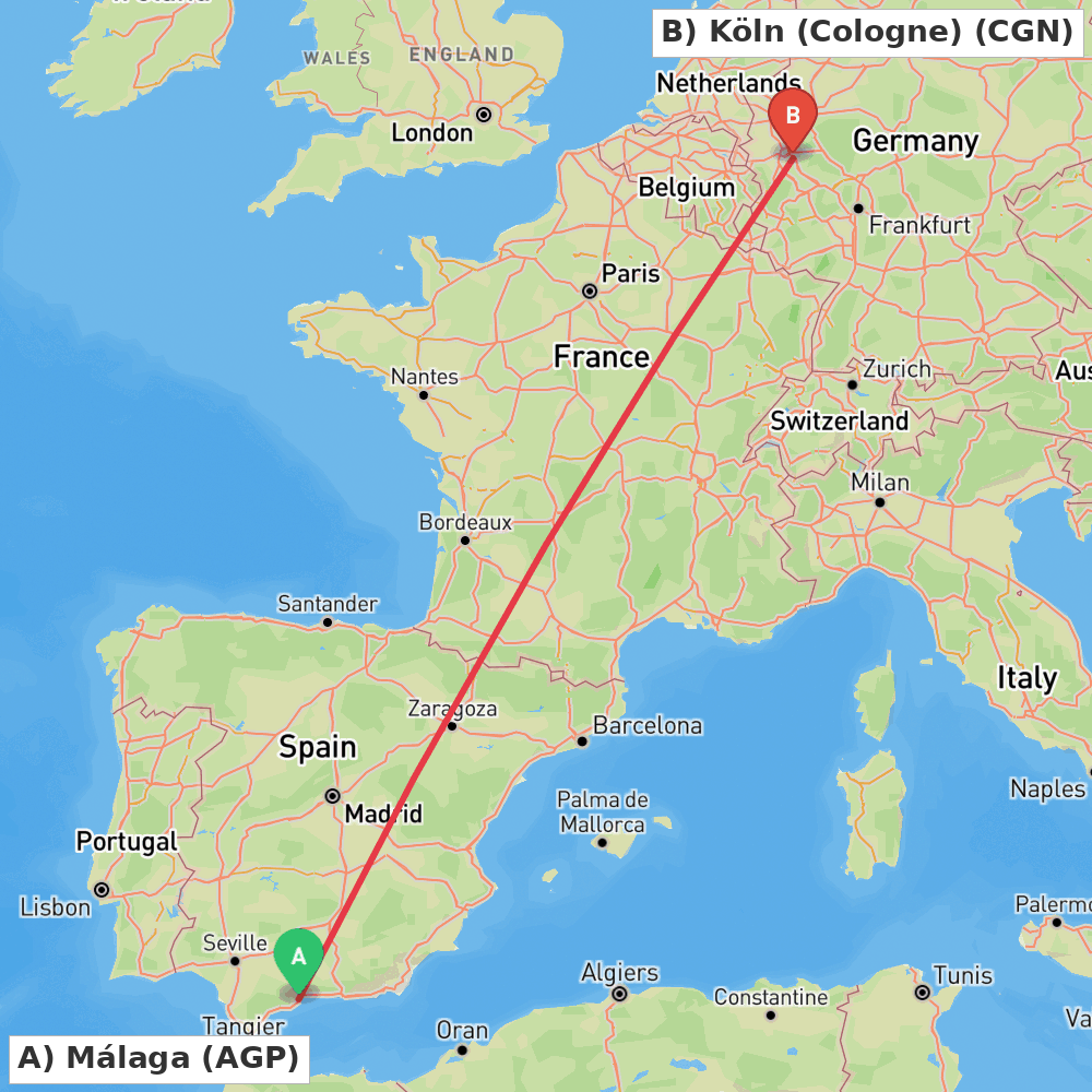 Flight route map from Málaga to Köln (Cologne)