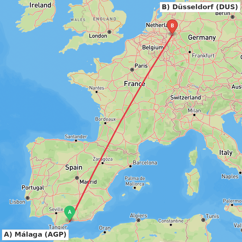 Flight route map from Málaga to Düsseldorf