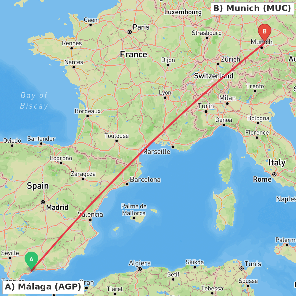 Flight route map from Málaga to Munich