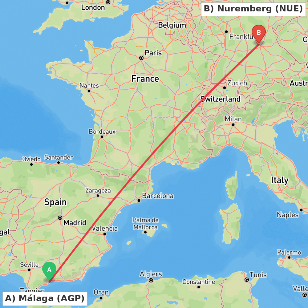 Flight route map from Málaga to Nuremberg