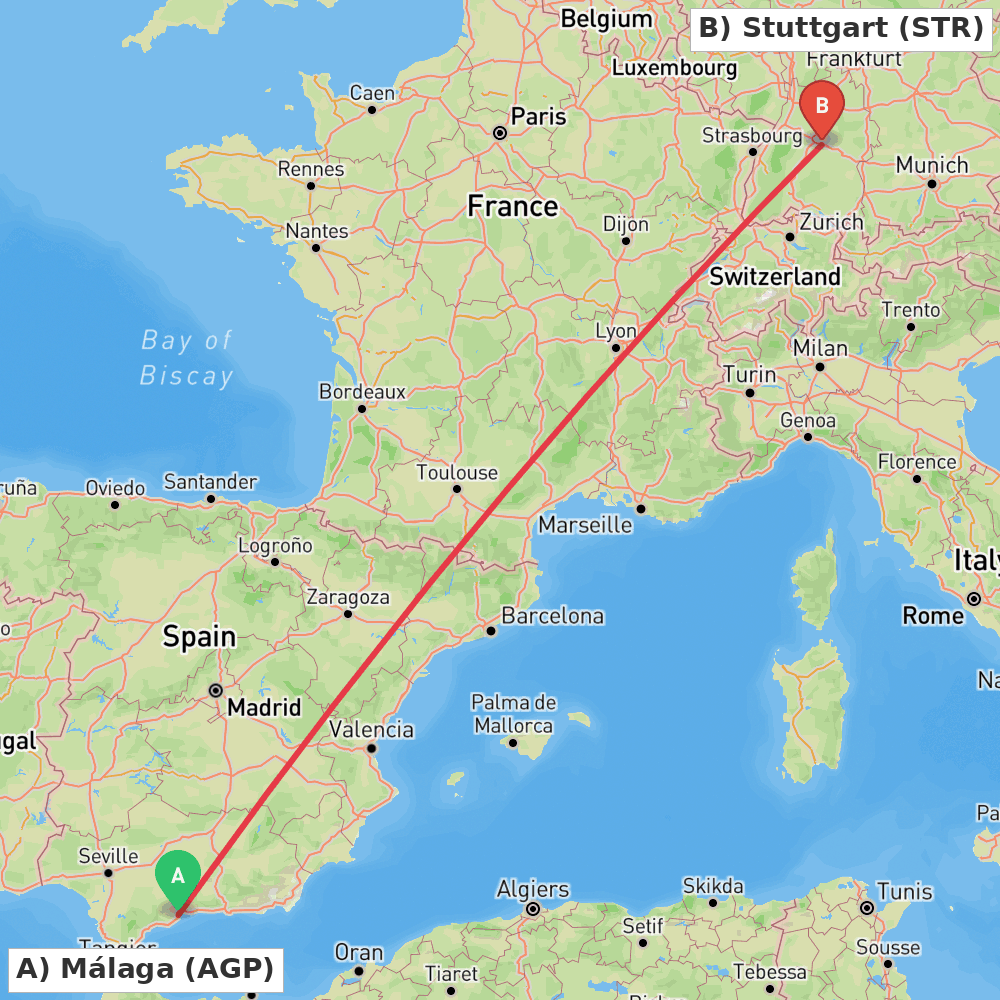 Flight route map from Málaga to Stuttgart