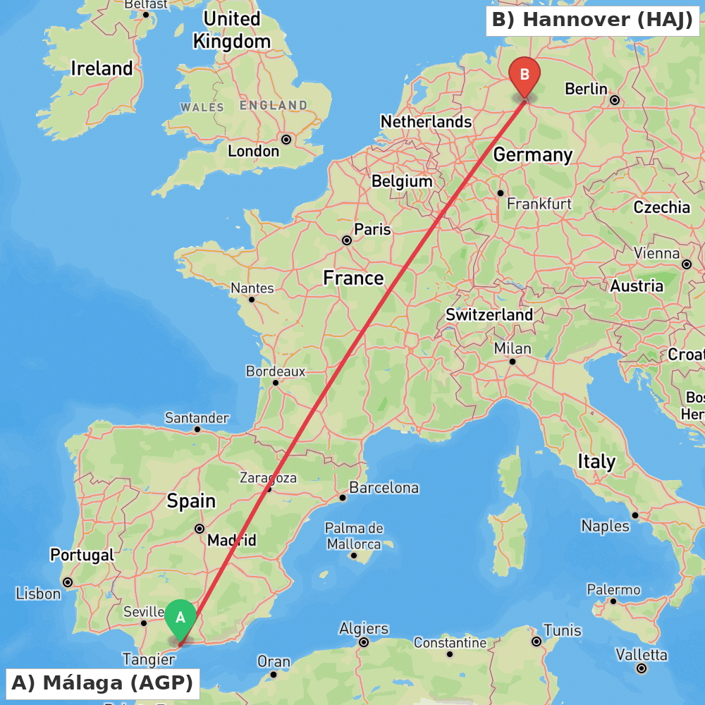 Flight route map from Málaga to Hannover