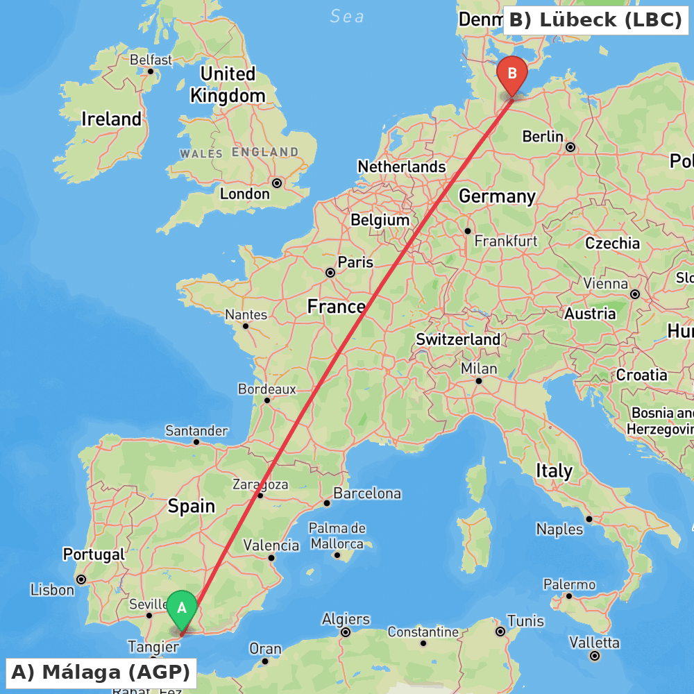 Flight route map from Málaga to Lübeck