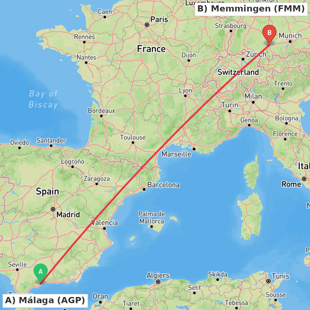 Flight route map from Málaga to Memmingen