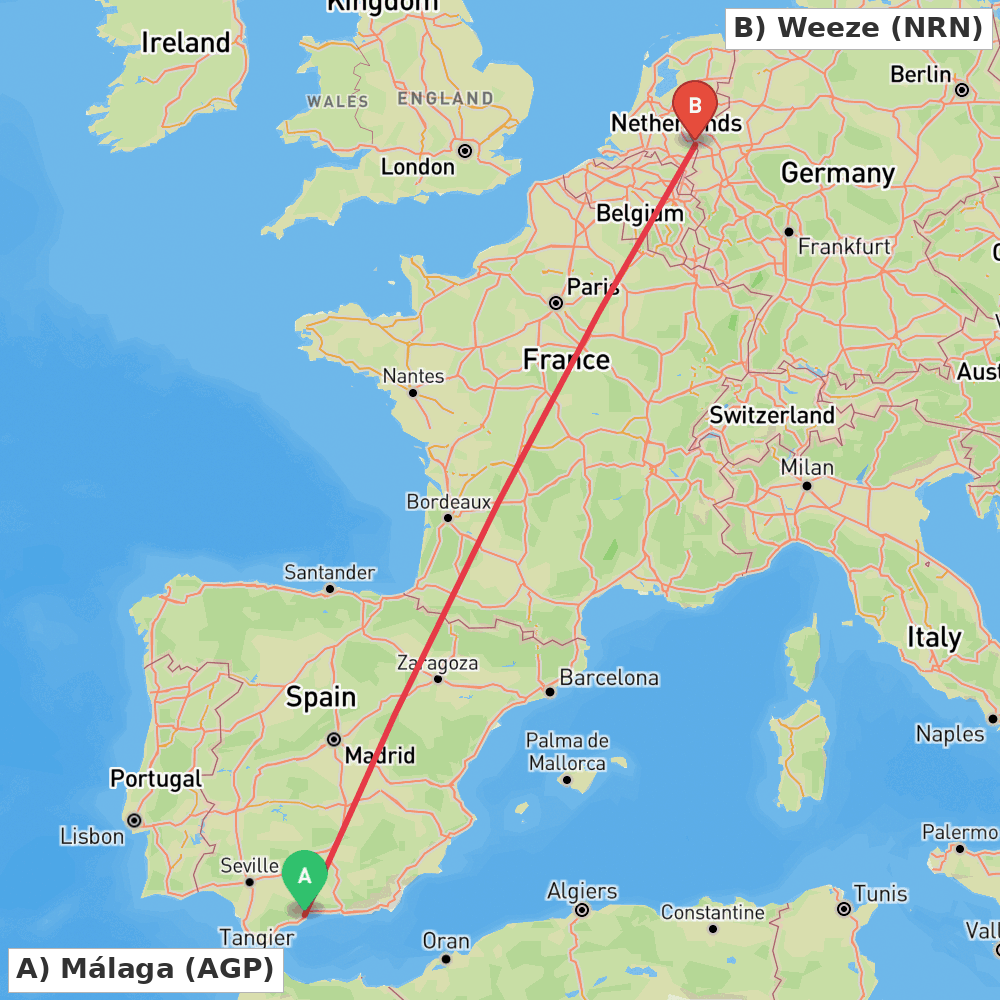 Flight route map from Málaga to Weeze