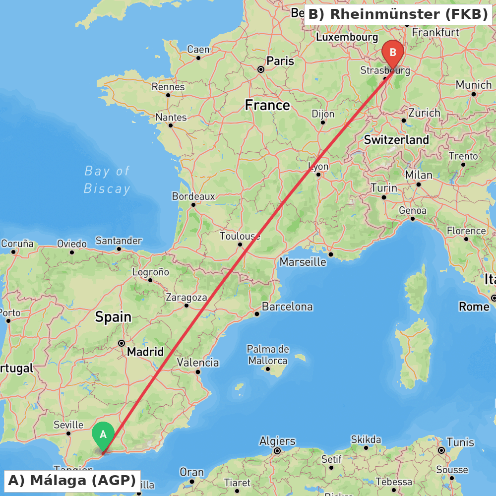 Flight route map from Málaga to Rheinmünster