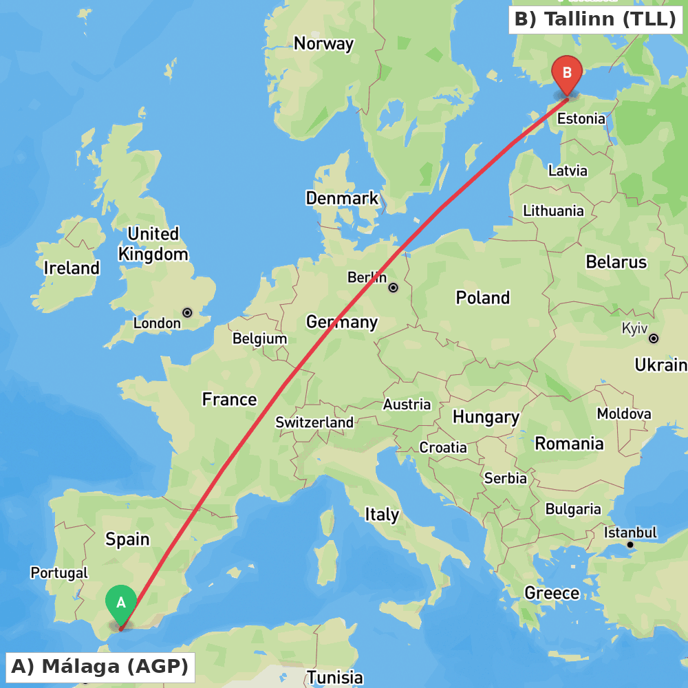 Flight route map from Málaga to Tallinn