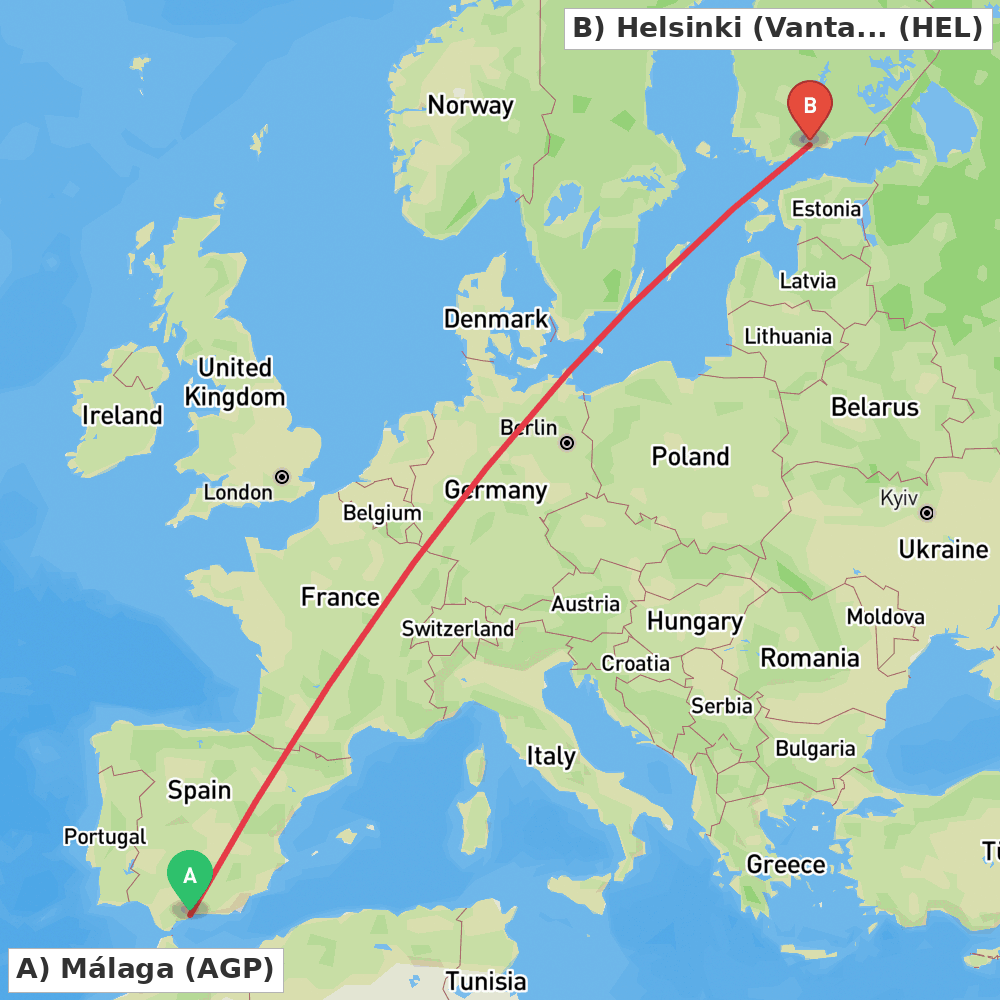Flight route map from Málaga to Helsinki (Vantaa)