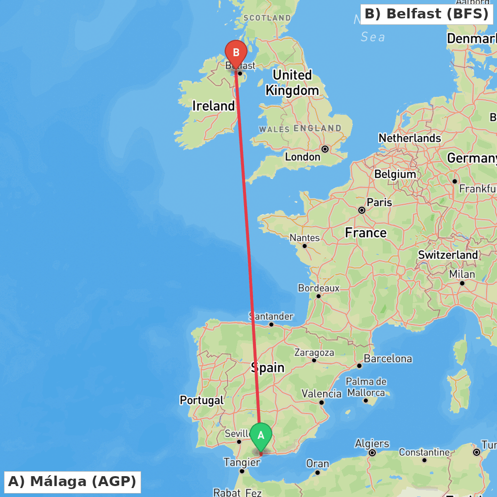 Flight route map from Málaga to Belfast