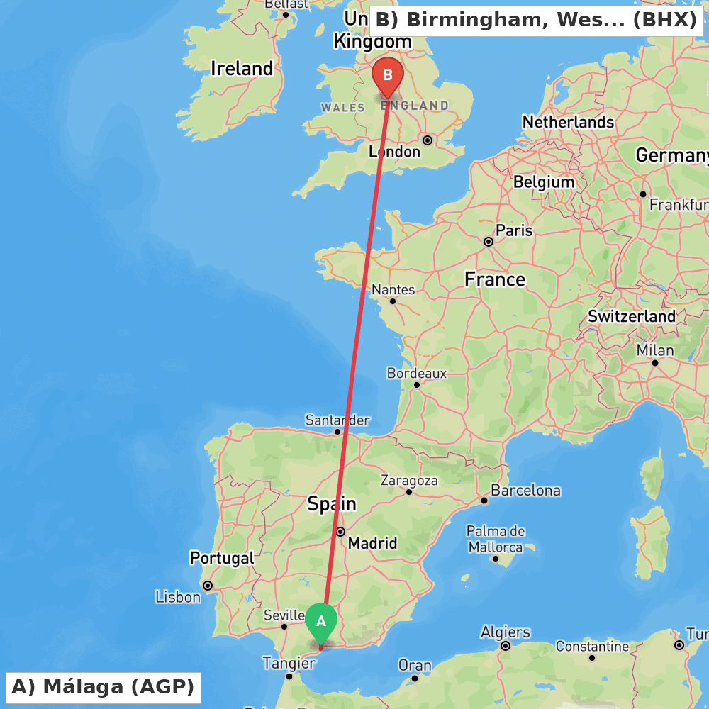 Flight route map from Málaga to Birmingham, West Midlands