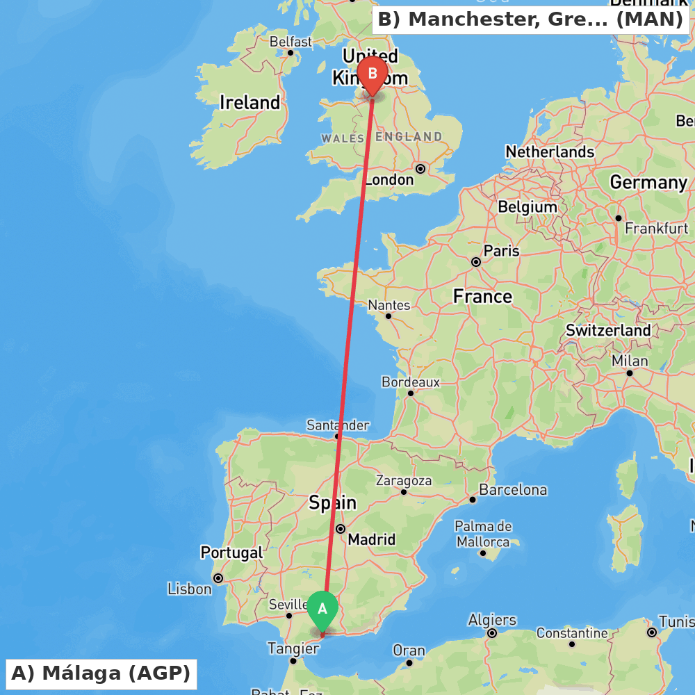 Flight route map from Málaga to Manchester, Greater Manchester