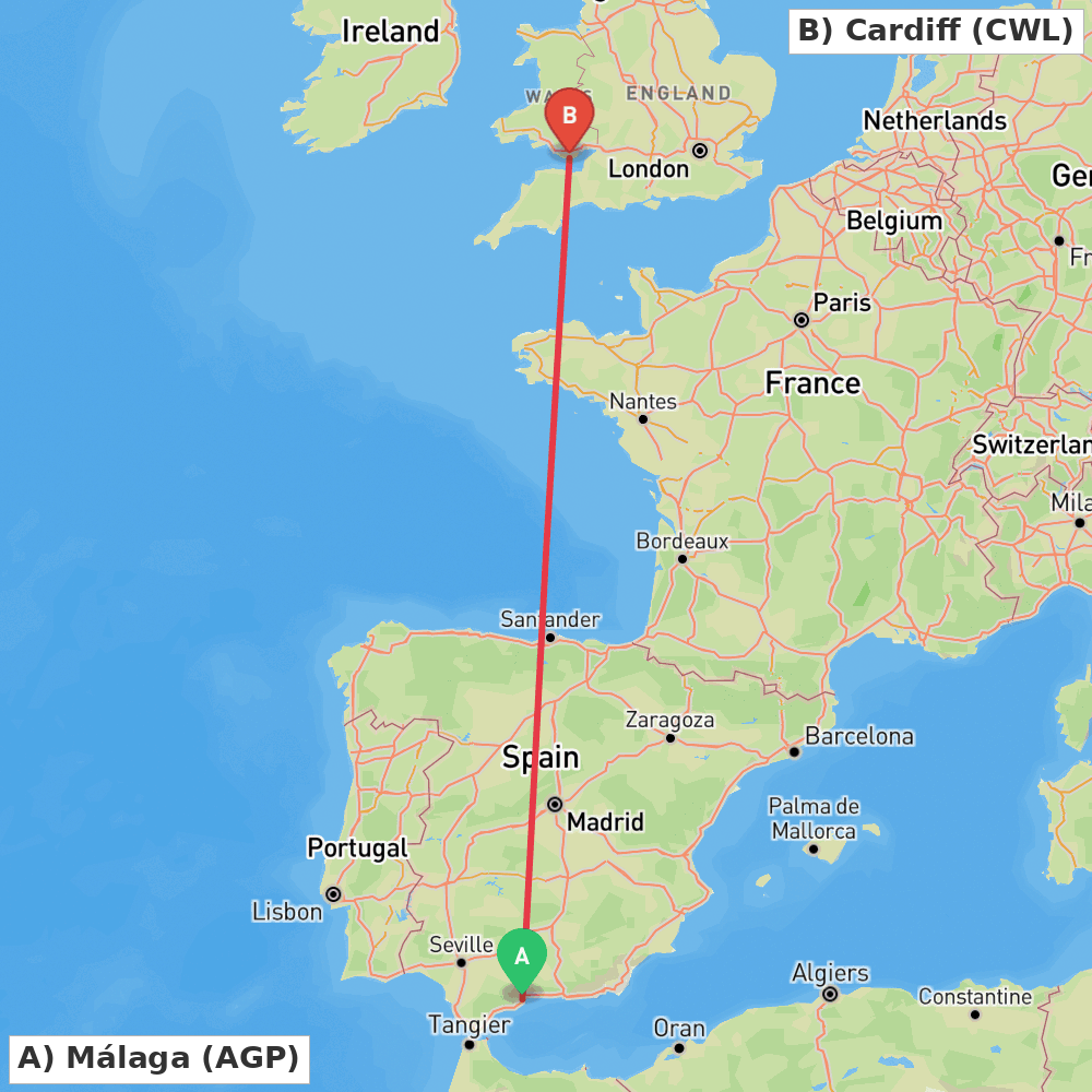 Flight route map from Málaga to Cardiff