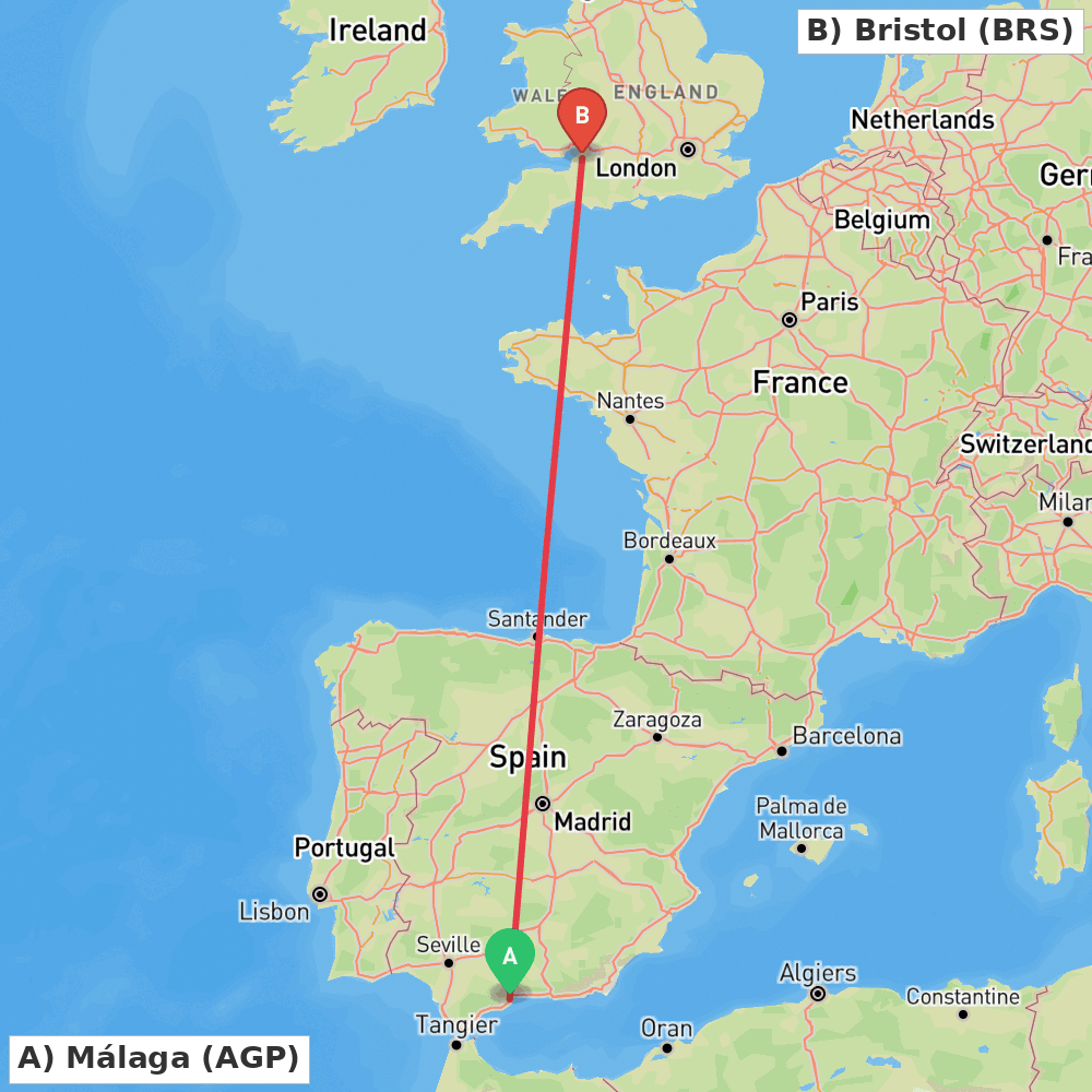 Flight route map from Málaga to Bristol