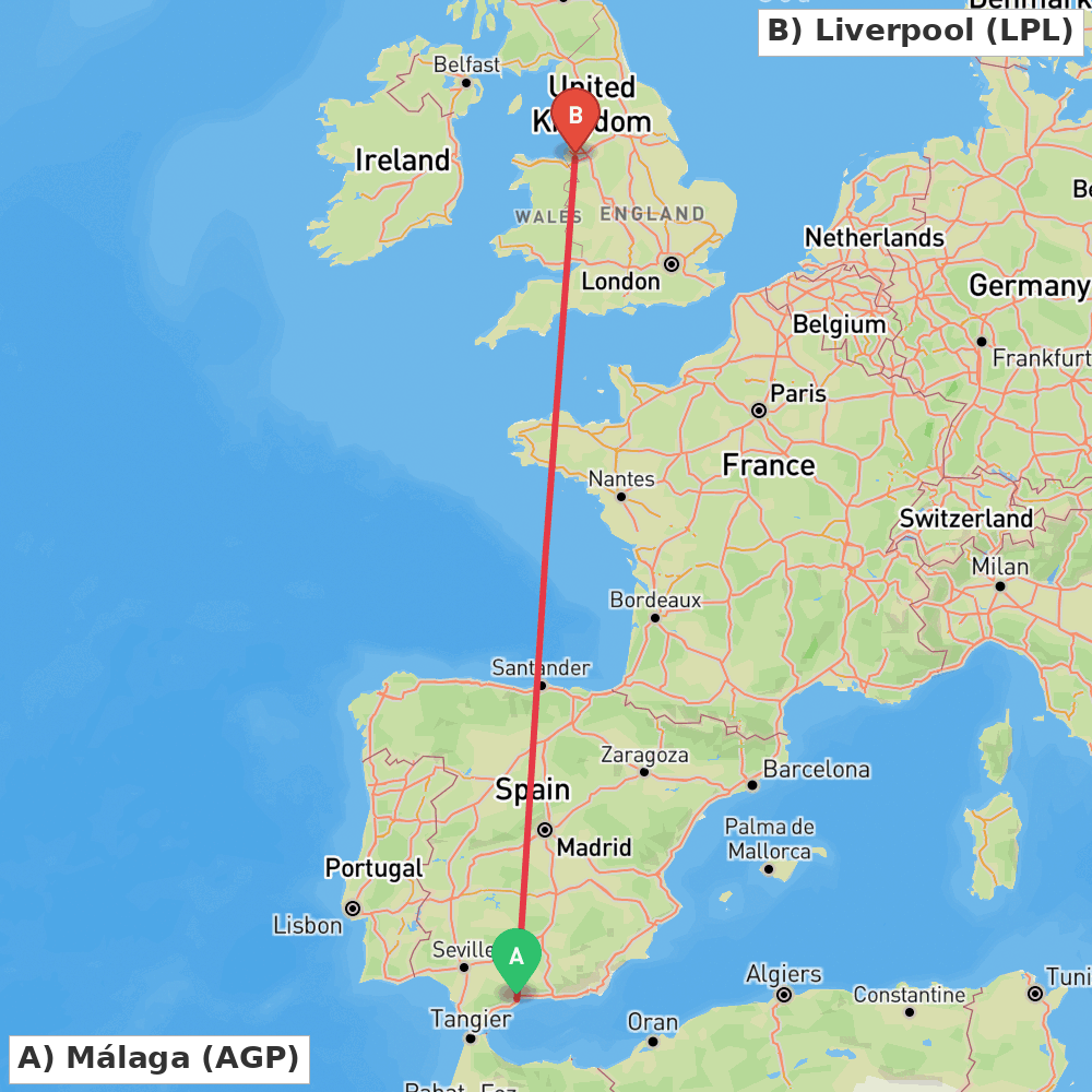 Flight route map from Málaga to Liverpool