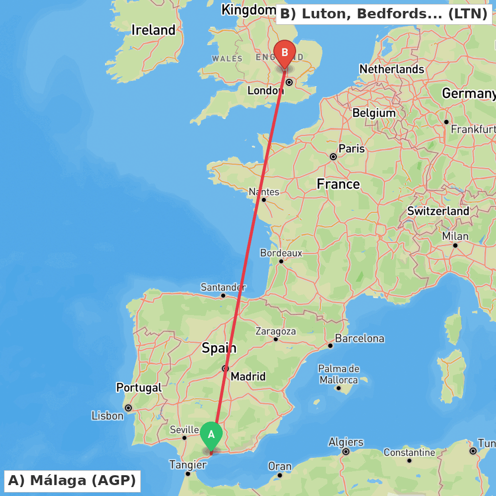 Flight route map from Málaga to Luton, Bedfordshire