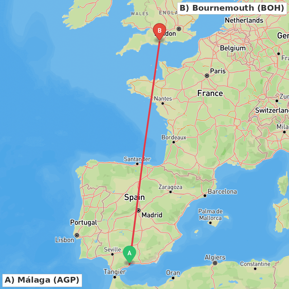 Flight route map from Málaga to Bournemouth