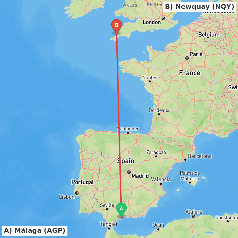 Flight route map from Málaga to Newquay