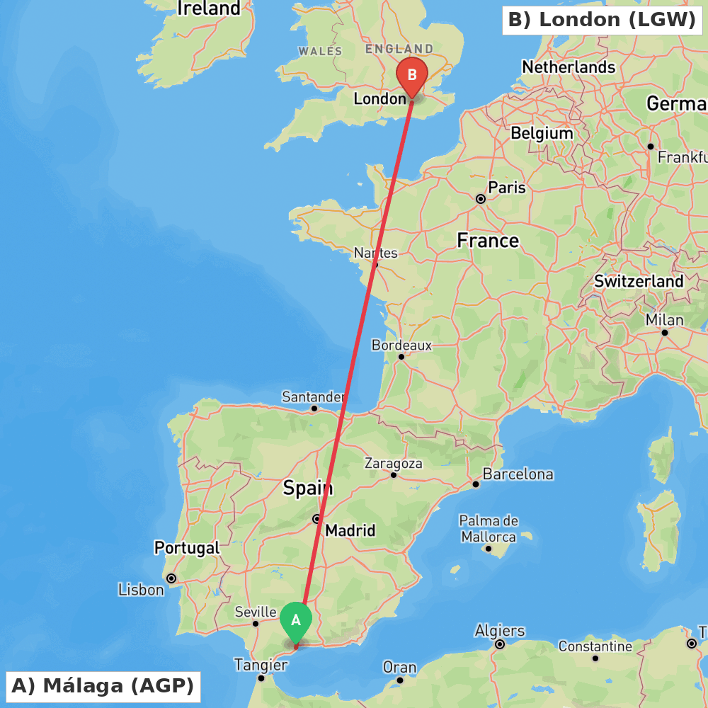 Flight route map from Málaga to London