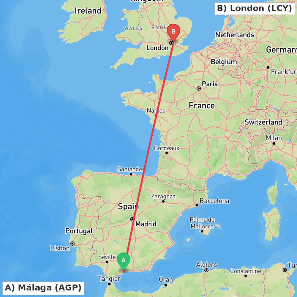 Flight route map from Málaga to London