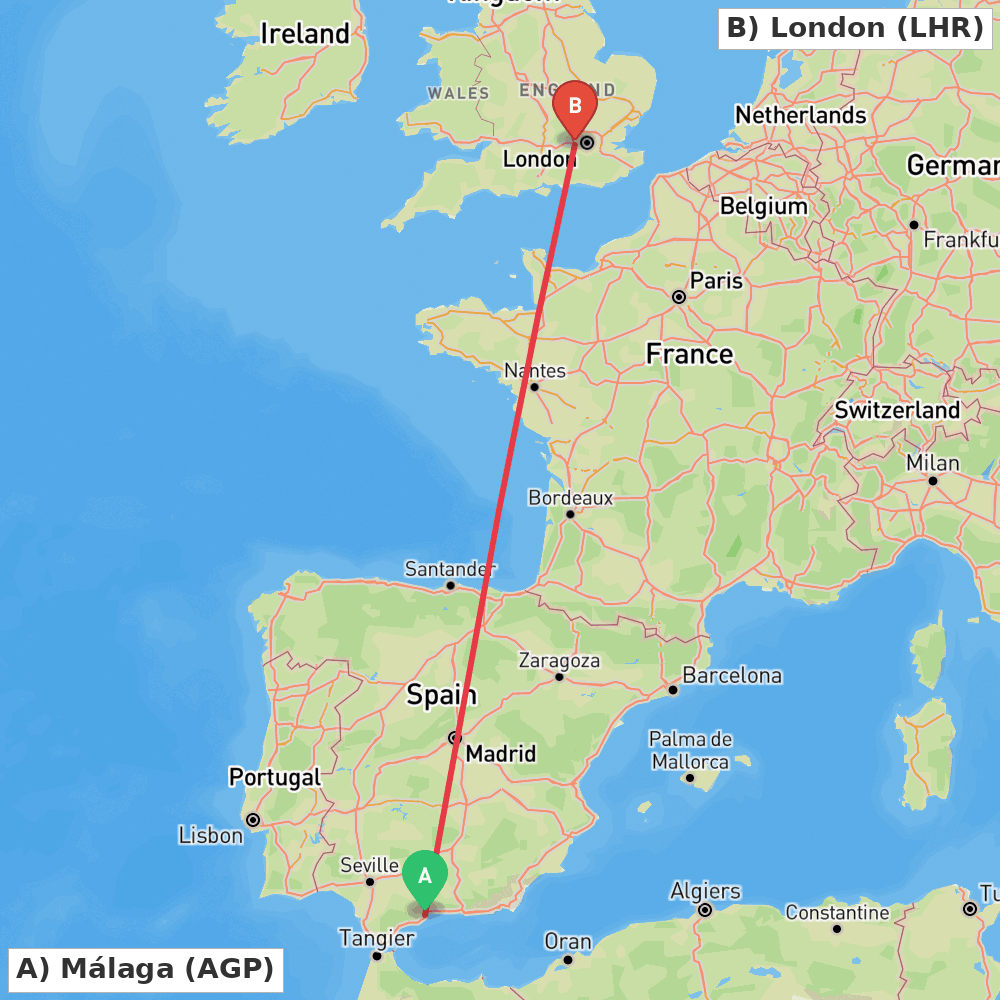 Flight route map from Málaga to London