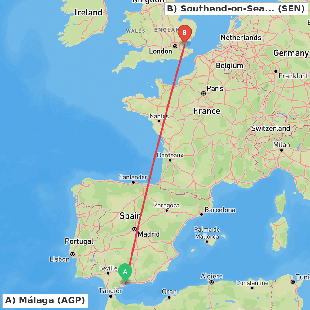 Flight route map from Málaga to Southend-on-Sea, Essex