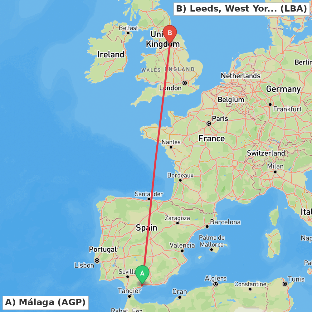 Flight route map from Málaga to Leeds, West Yorkshire
