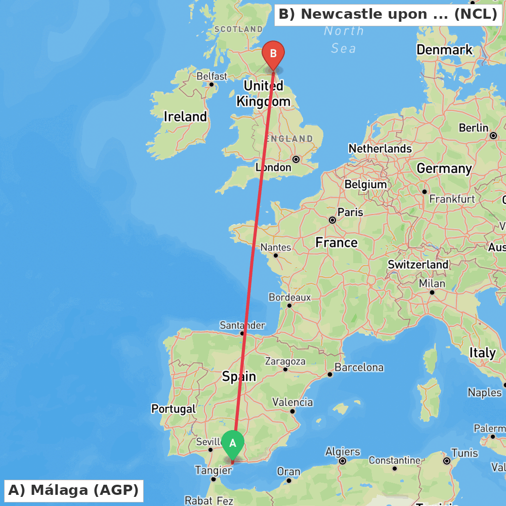 Flight route map from Málaga to Newcastle upon Tyne, Tyne and Wear