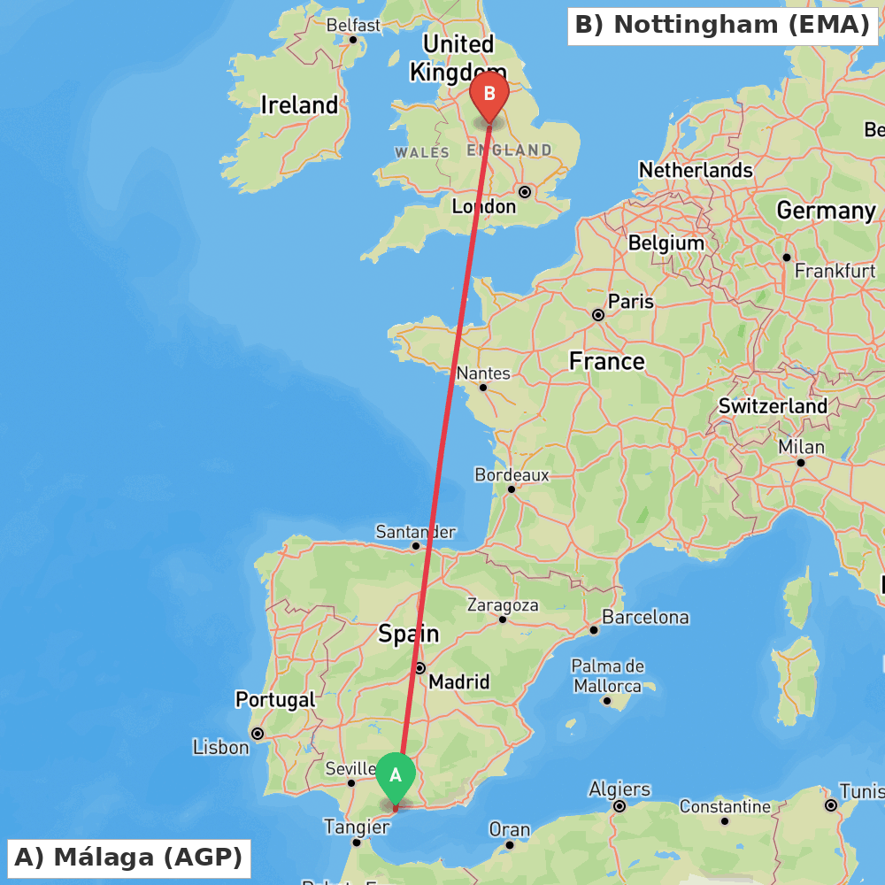 Flight route map from Málaga to Nottingham
