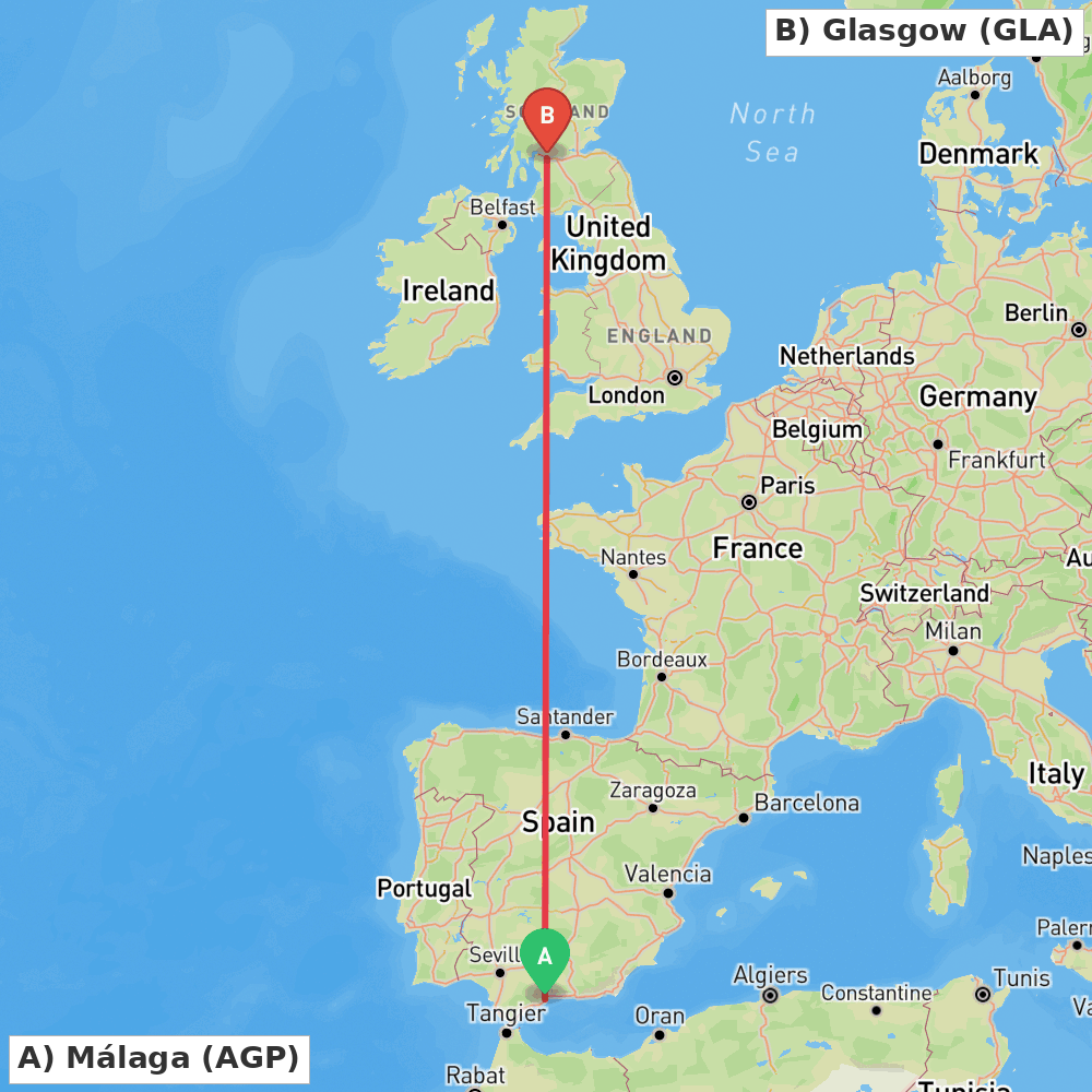 Flight route map from Málaga to Glasgow