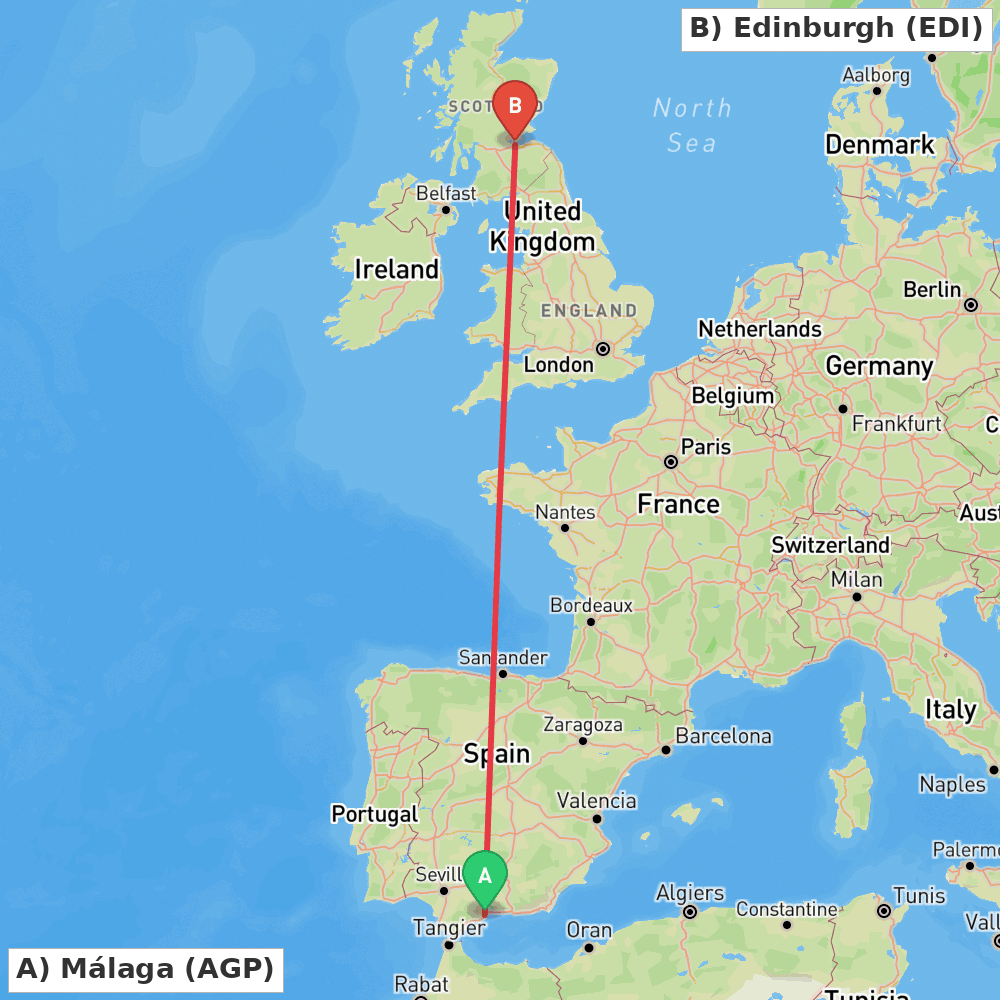 Flight route map from Málaga to Edinburgh