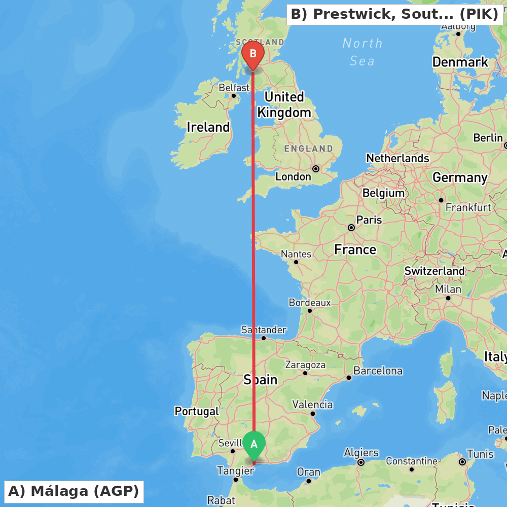 Flight route map from Málaga to Prestwick, South Ayrshire