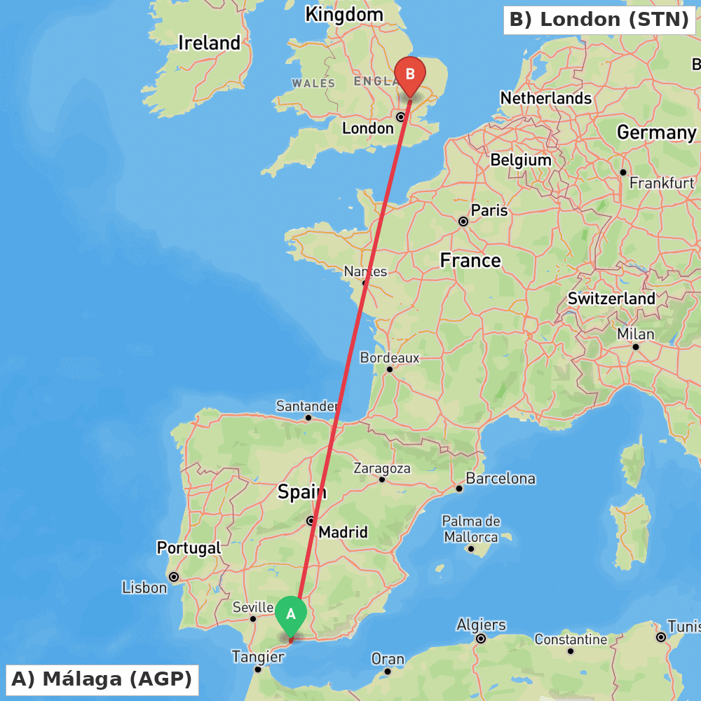 Flight route map from Málaga to London