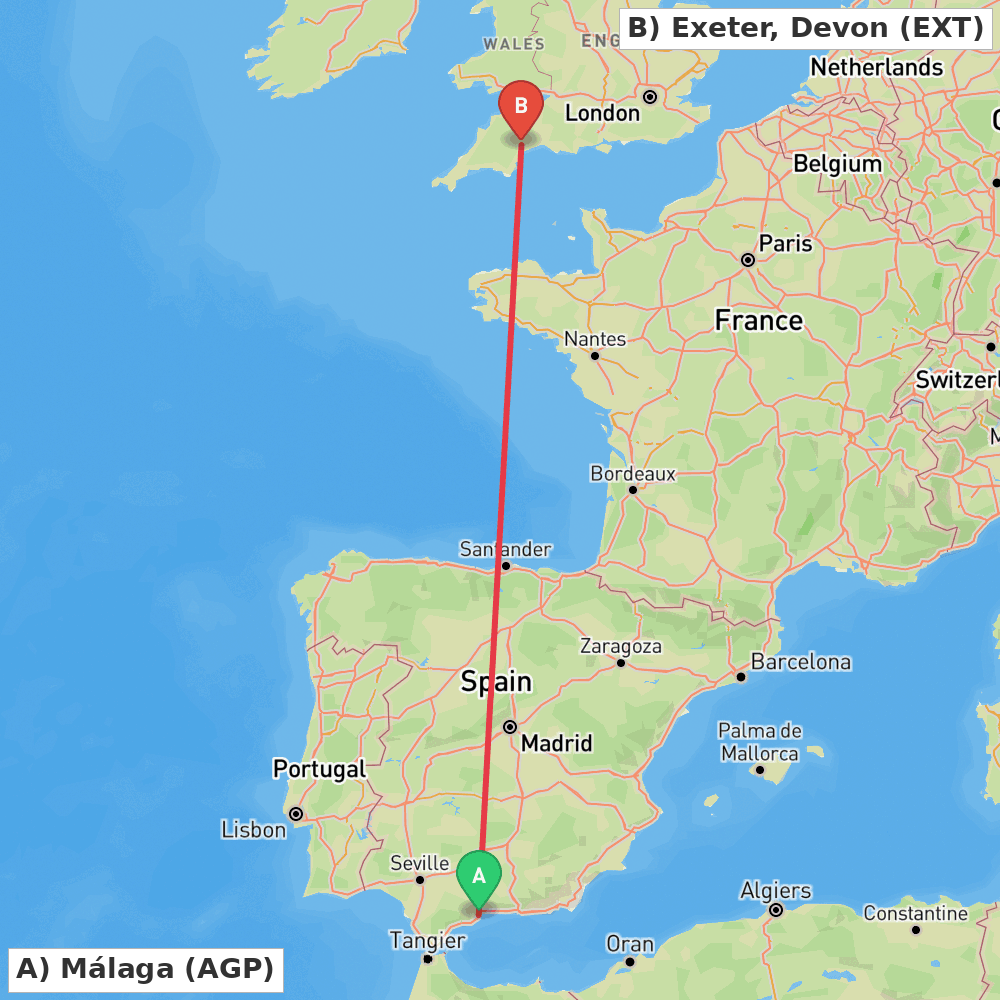 Flight route map from Málaga to Exeter, Devon