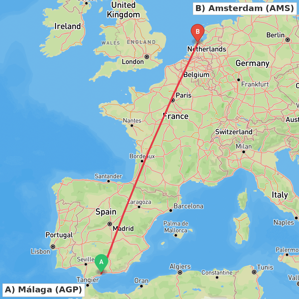 Flight route map from Málaga to Amsterdam