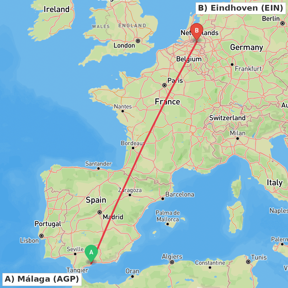 Flight route map from Málaga to Eindhoven