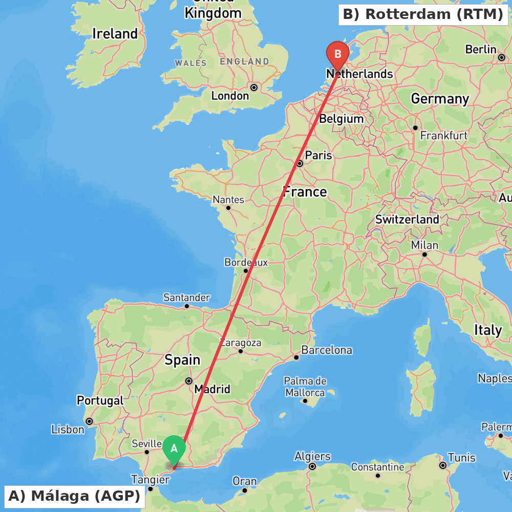 Flight route map from Málaga to Rotterdam