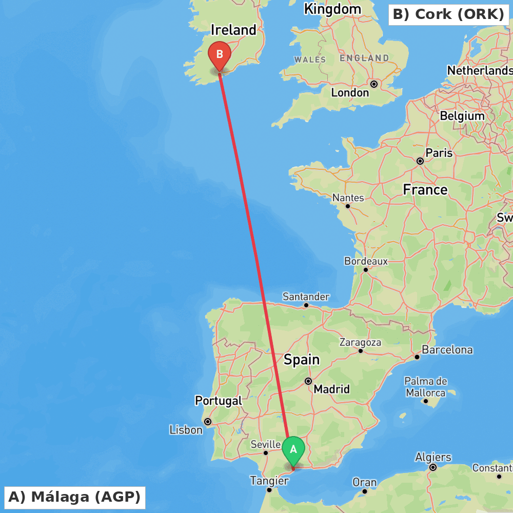 Flight route map from Málaga to Cork