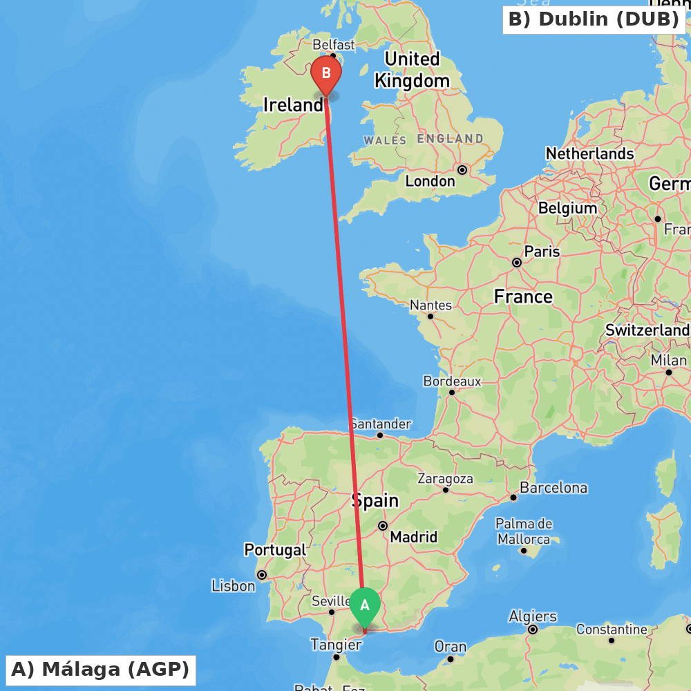 Flight route map from Málaga to Dublin