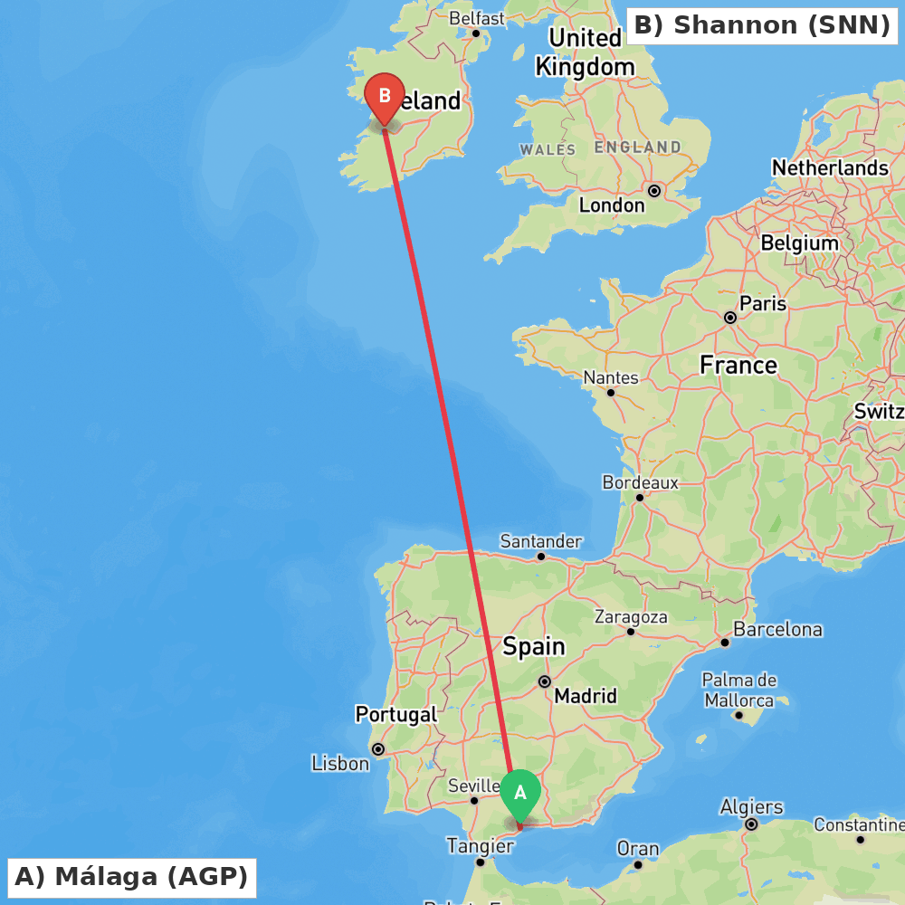 Flight route map from Málaga to Shannon