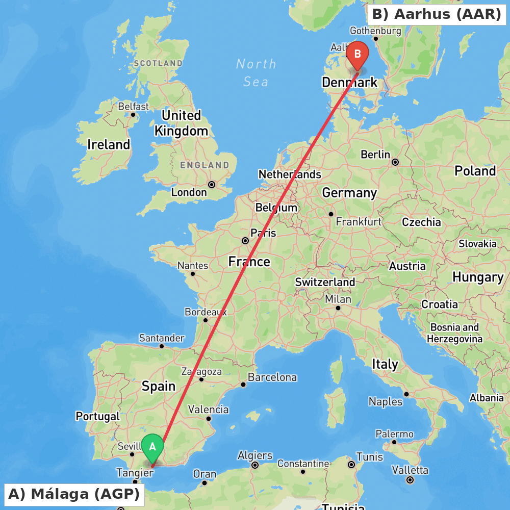 Flight route map from Málaga to Aarhus